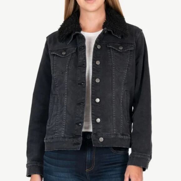 Kut From The Kloth Emma Washed Black Denim Jacket Sherpa Collar - Picture 1 of 9